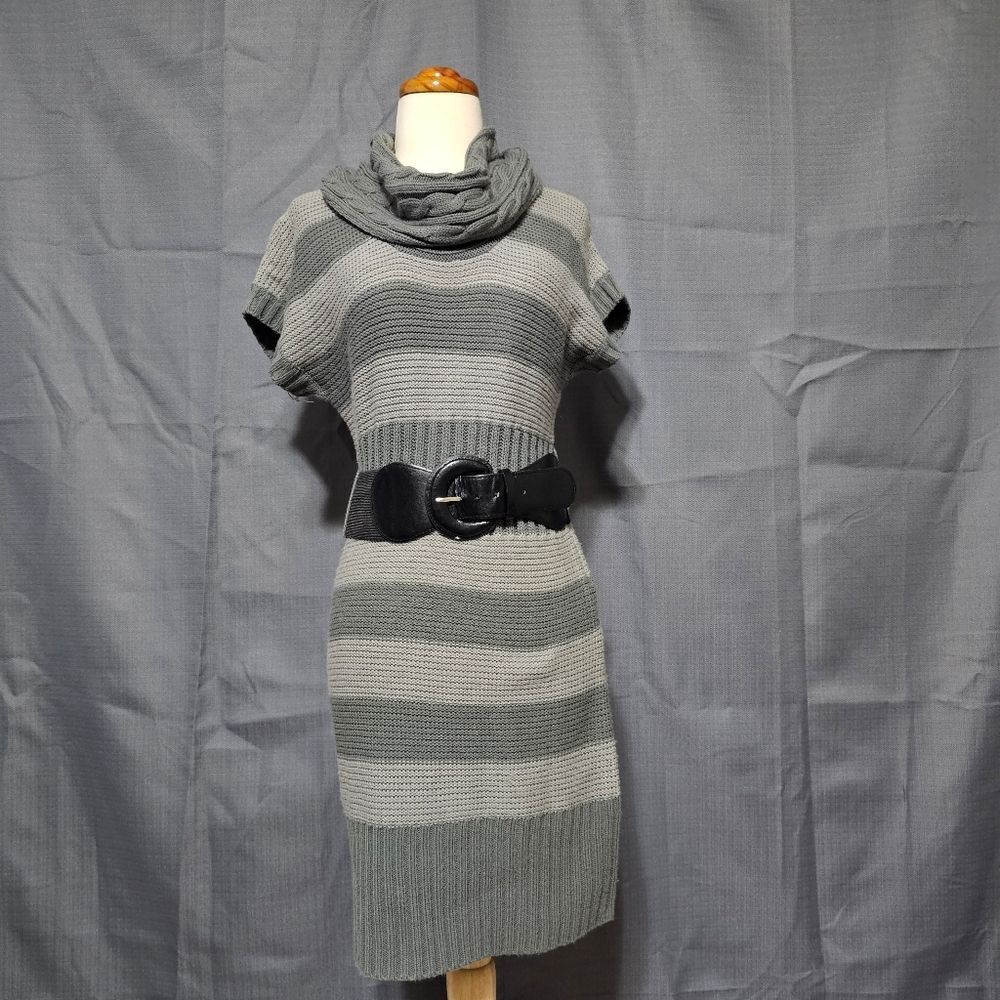 Route 66 Gray Striped Sweater Dress with Cowl Neck & Belt